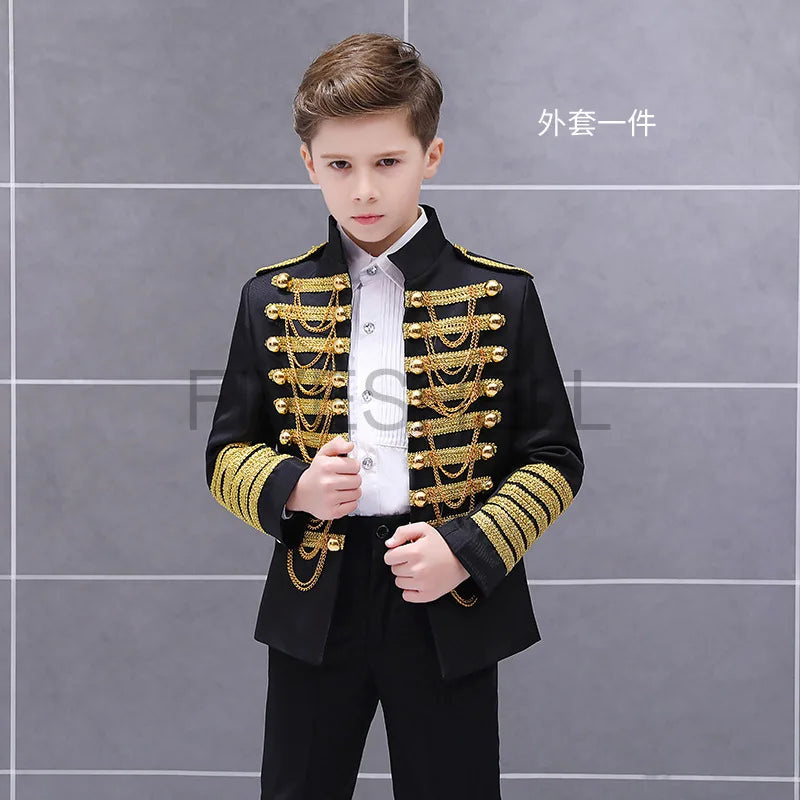 Medieval Steampunk Prince Blazer Costume Military Tassel Chains Cosplay Jacket Shoulder Pad Coat Pop Stage Dacing Tops for Kids