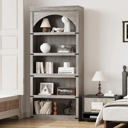 68.7 Tall Farmhouse Arched Bookcase, 5-Tier Vintage Wood Bookshelf, Rustic Arch Display Storage Cabinet for Living Room, Home O