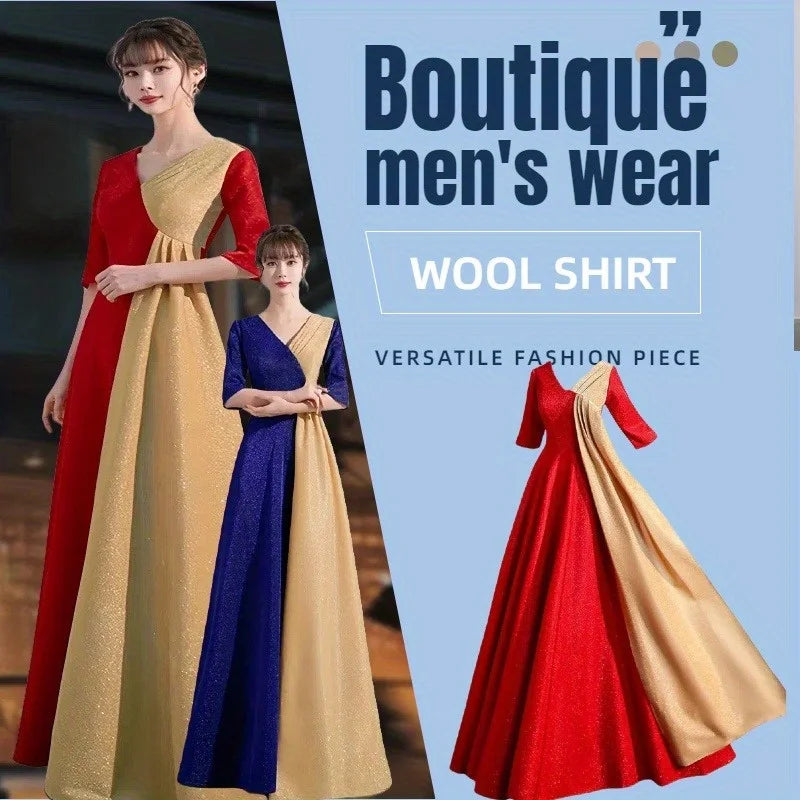 Cantata Evening Dress V-neck Folded A-line Half Sleeve Zipper Rear Bottom Long Women's Formal Party Dress
