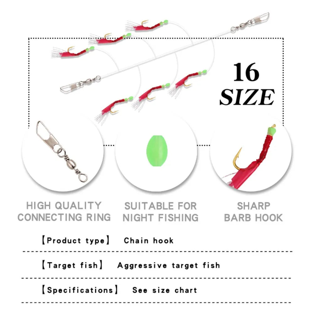 6pcs Luminous Bean Sabiki String Hook Rig Wobbler Rubber Bionic String Hook 10 Sizes Lure Bait Tackle for Sea/Freshwater Fishing