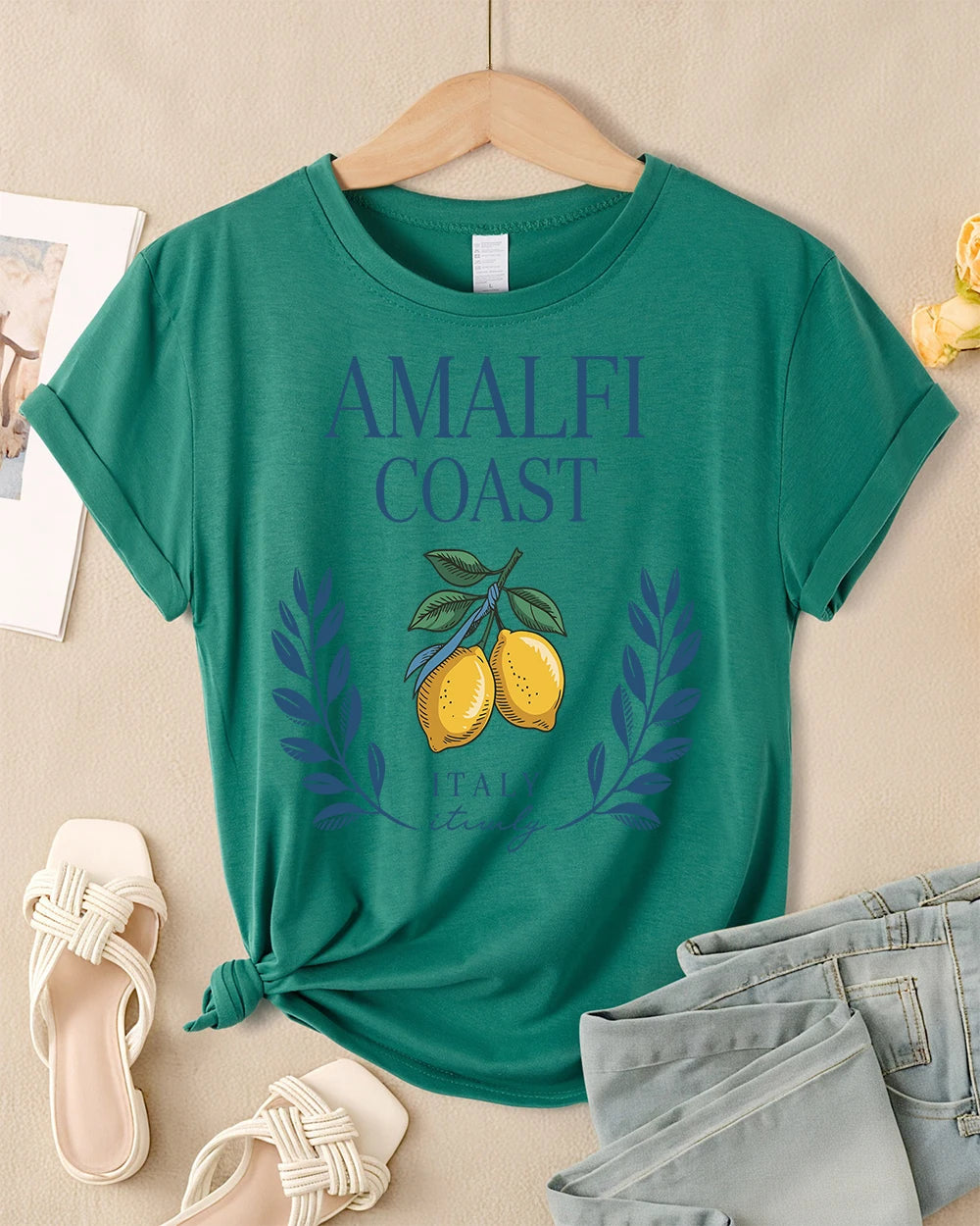 Amalfi Coast Lemon From Italy Printing Retro T-Shirts Women Breathable O-Neck Tee All-Match Soft Top Casual Female Short Sleeve