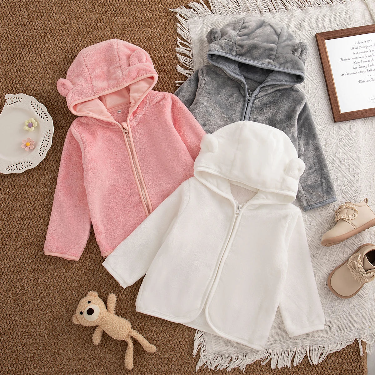 Autumn Winter Baby Girl Plush Coat Simple Zipper Hooded Long Sleeved Cotton Coat Girl Outward Keep Warm Clothes