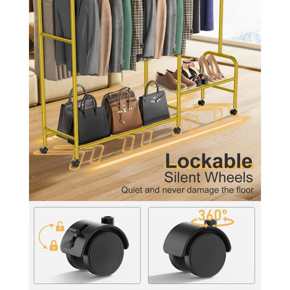 Heavy Duty 3-in-1 Portable Garment Rack with Coat Hooks and Shelves, Holds 620lbs