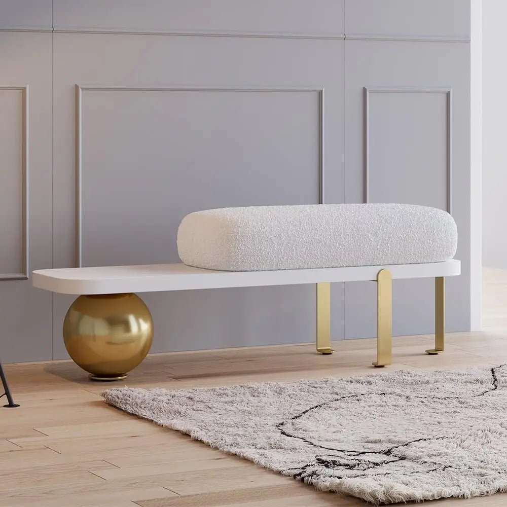 Entryway Bench, Wooden Bench Boucle Upholstered Bench with Abstract Metal Leg for Entryway/Bedroom/Living Room