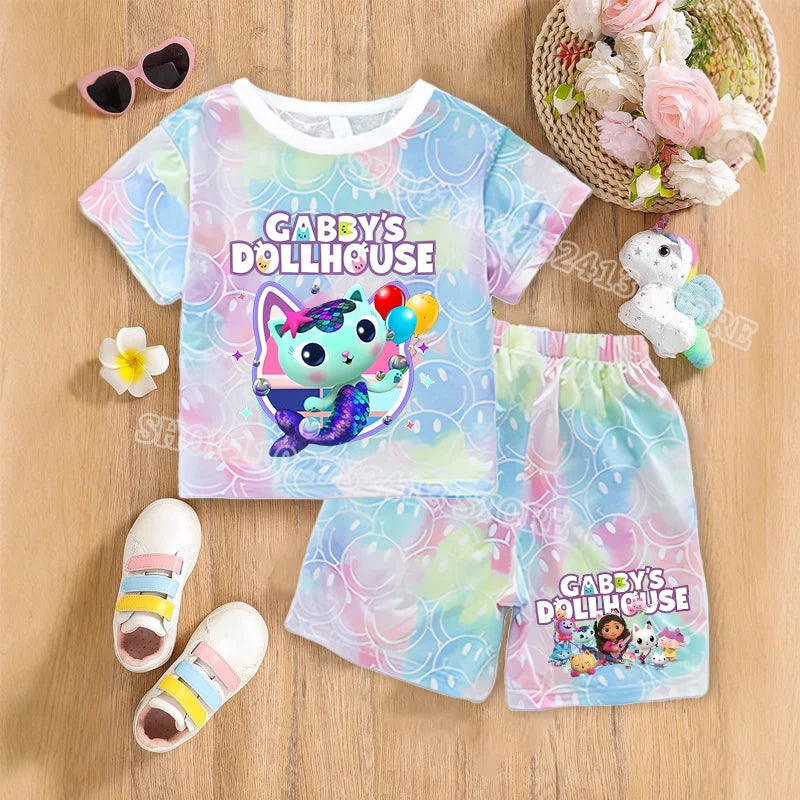2pcs Gabby Dollhouse Sets Summer Breathable Sweat Absorbent Kids Clothes Baby Girls Kawaii anime Smile Short Sleeve Thin Suit