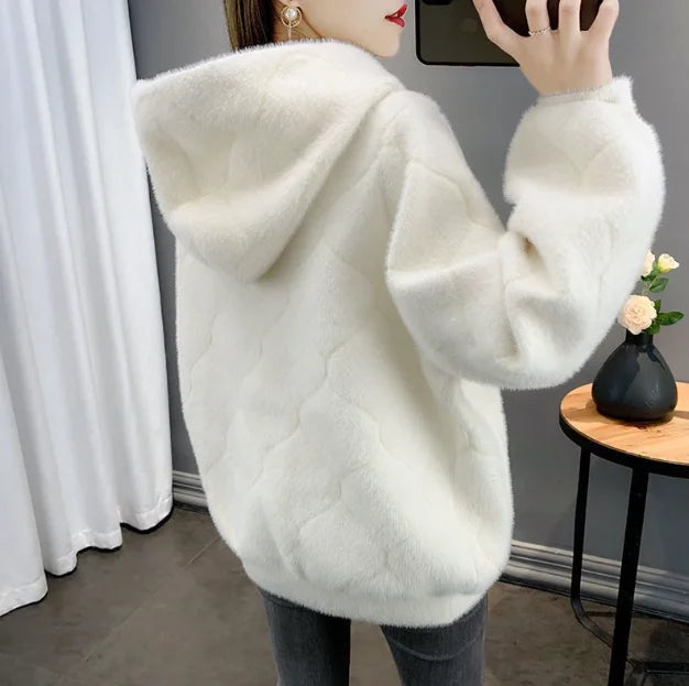 Women's Knitted Sweater Coat Zipper Cardigan Coat Urban Minimalist Mink Fur Coat Open Front Round Neck Long Sleeve Cardigan Top