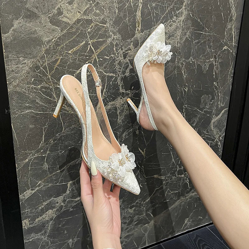 6cm 8cm 10cm Small Size 33-41 Elegant Crystal Slingback Wedding Shoes Summer Floral Sandals 2025 Thin High Heels Sandals Model