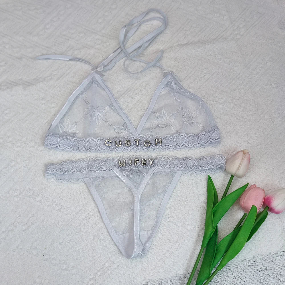 Custom Lingerie Set Name Thongs Bra Personalized Panties Bra Set With Name DIY Letter Charm Bikini Set Lace For Women Sexy Gift