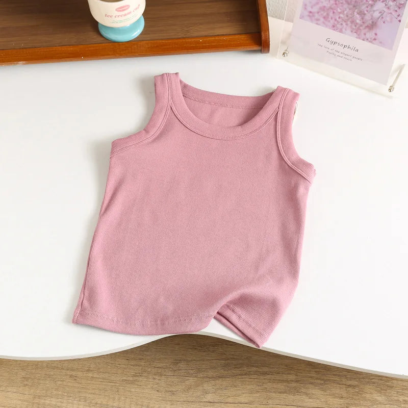 Kids Sleeveless T-shirts Candy Color Summer Tank Tops for Boys Girls Cotton Children Vest Toddler Bottom Baby Sports Clothes
