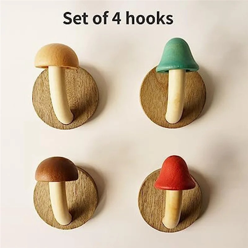 A26F-4PCS Fun Wooden Mushroom Coat Hook Non-Perforated Solid Wood Hook Kitchen Bathroom Cloakroom Door Hook Wooden