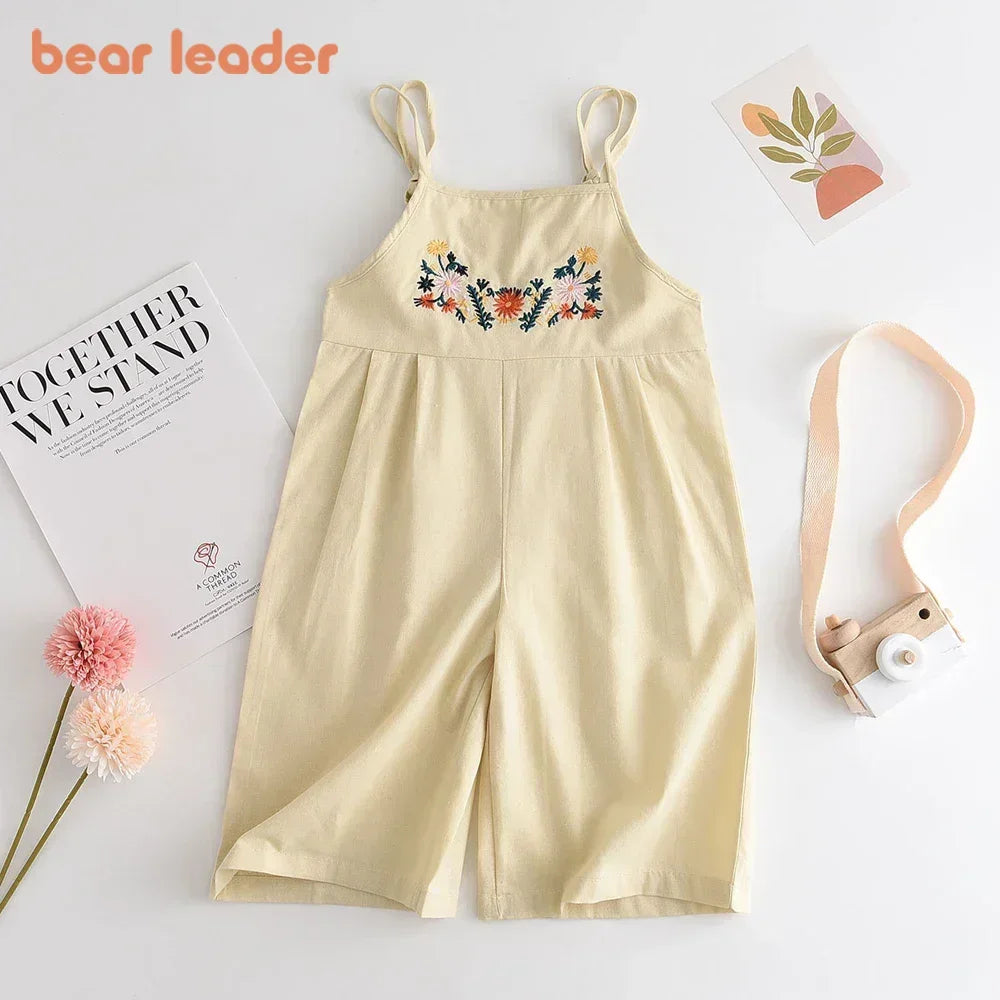 Bear Leader Cute Baby Girl Clothes Summer Sleeveless Embroidered Flower Suspender Jumpsuit Basic Simple Children's Clothing