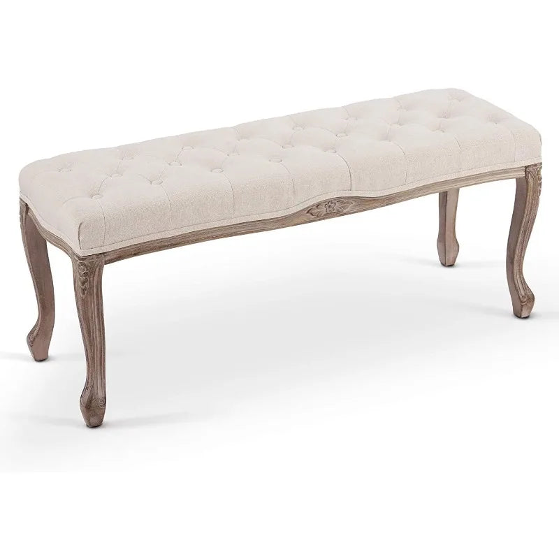 VONLUCE Vintage Dining Bench with Padded Seat&Rubberwood Legs,44" Memory Foam Upholstered Entryway Bench,Tufted Fabric End Beige