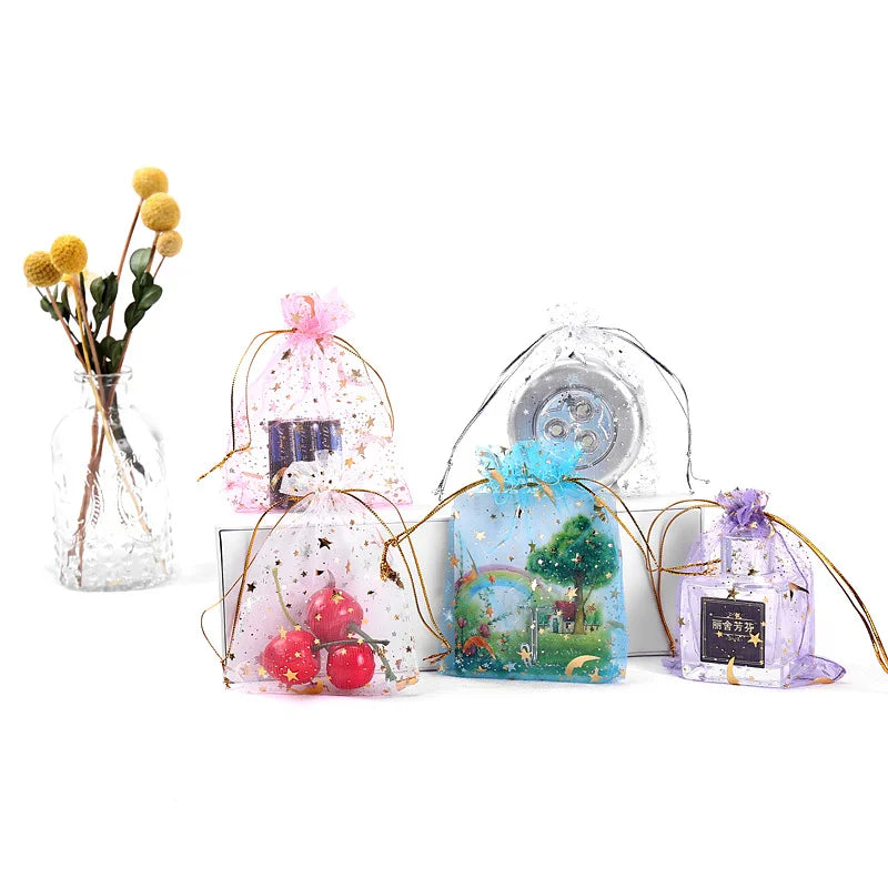 50pcs/lot 7x9cm Moon Star Organza Bags Adjustable Drawstring Bag for Wedding Gifts Candy Jewelry Packaging Pouch Wholesale
