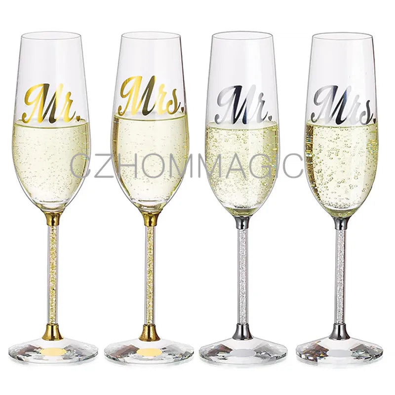 2pc 200ml Wedding Crystal Champagne Flutes Glasses Engraved Mr & Mrs Set for Bride and Groom Toasting Champagne Flutes Cup Gifts