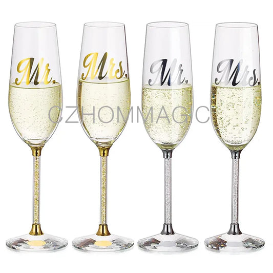 2pc 200ml Wedding Crystal Champagne Flutes Glasses Engraved Mr & Mrs Set for Bride and Groom Toasting Champagne Flutes Cup Gifts