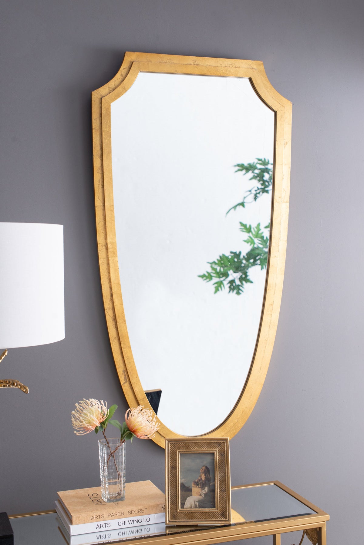 Shield-Shaped Gold Metal Frame Wall Mirror, 24 × 46 in