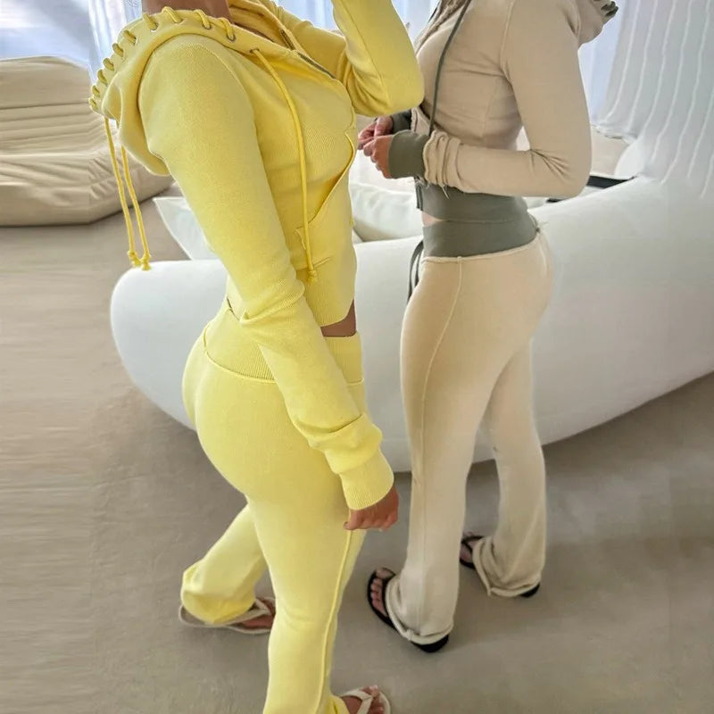 Women's Casual Suit with Brushed and Contrasting Straps Design, Hooded Long Sleeved Cardigan, Slightly Flared Long Pants