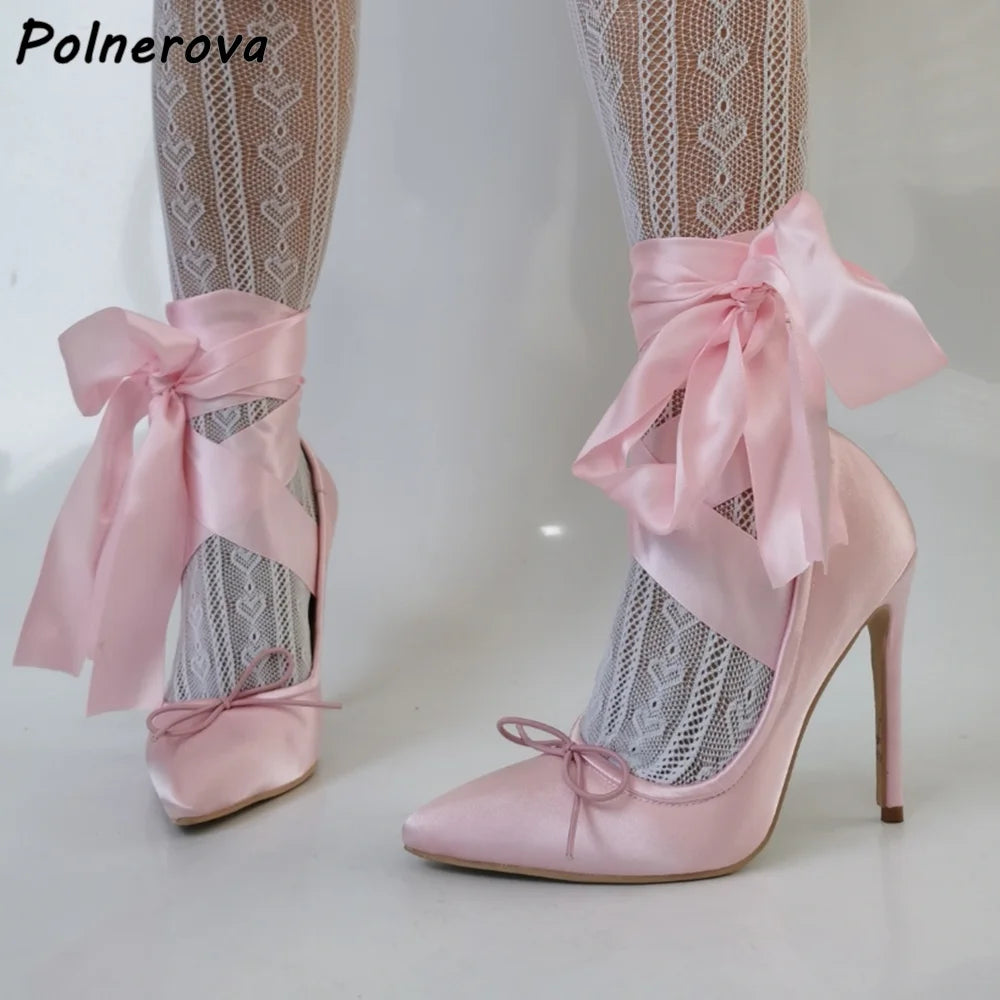 Stain Pink Butterfly Knot Pumps Ankle Band Bows Shallow Pointy Toe Thin Heels Sweet Lolita Shoes Women's Stiletto Summer Pumps