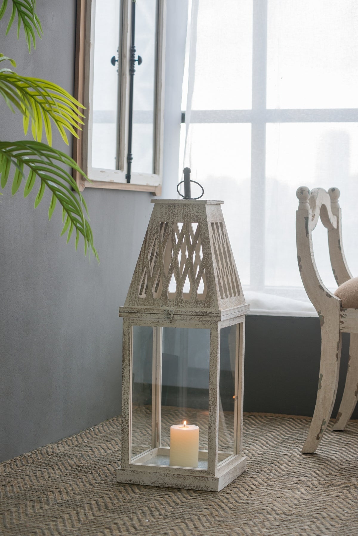 Set of 2 Rustic White French Country Wood & Glass Lanterns