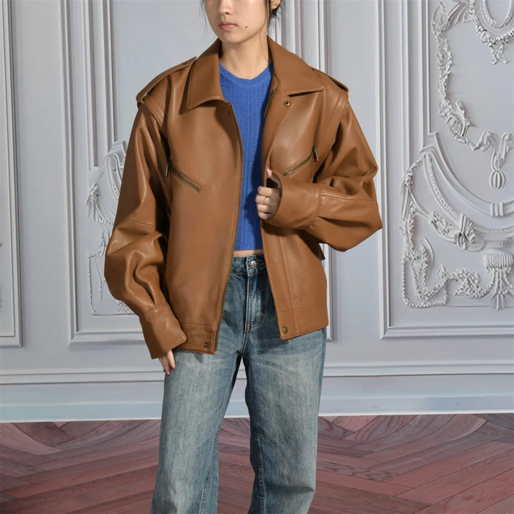 Jaxmonoy Women Sheepskin Jacket Lady Spring Fall Genuine Leather Coat Fashion Removable Sleeves Real Leather Jackets New Arrival