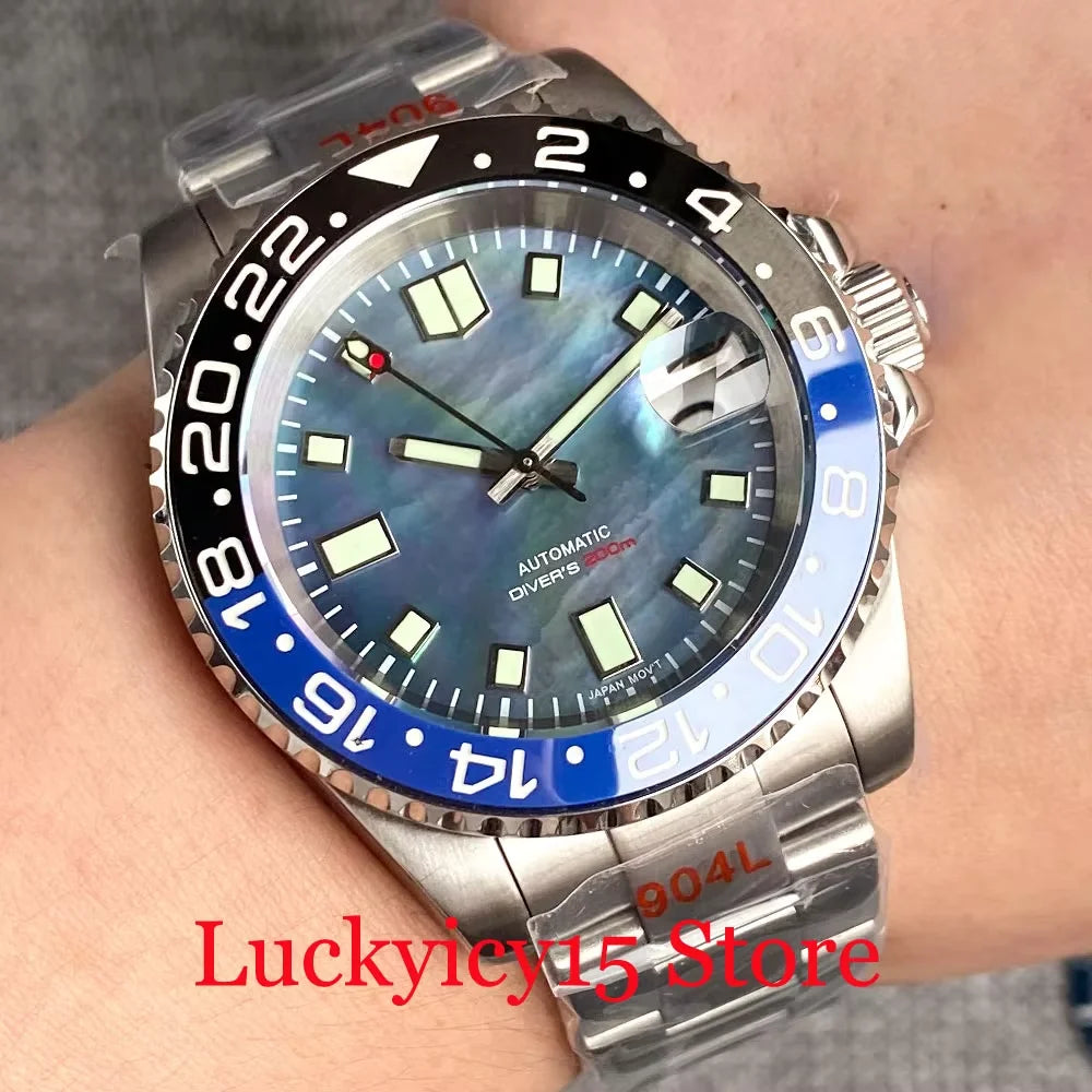 Customized NH35A Automatic Mechanical Watch Men Black Mother of Pearl Dial Luminous 200mWaterproof 40MM Brushed Case Date Cyclop