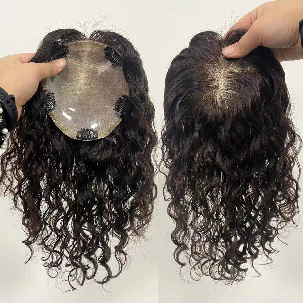 Wet and Wavy Women Toupee Clips In HairPiece Silk Base Chinese  Virgin Human Hair Topper Curly Silk Top Skin Scalp Breathable