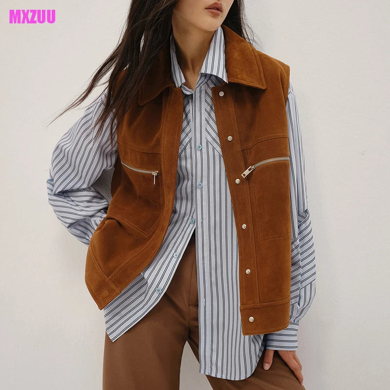 Sheepskin Suede Vest Women Spring Unisex Vintage Style Lapel Single-Breasted Yellowish Brown Genuine Leather Sleeveless Jackets