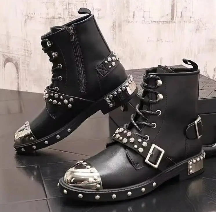 Punk Style Metal Toe Rivets Studs Buckle Strap Chelsea Boots Men Black Leather Motorcycle Boots Shoes Man Zapatos Hombre