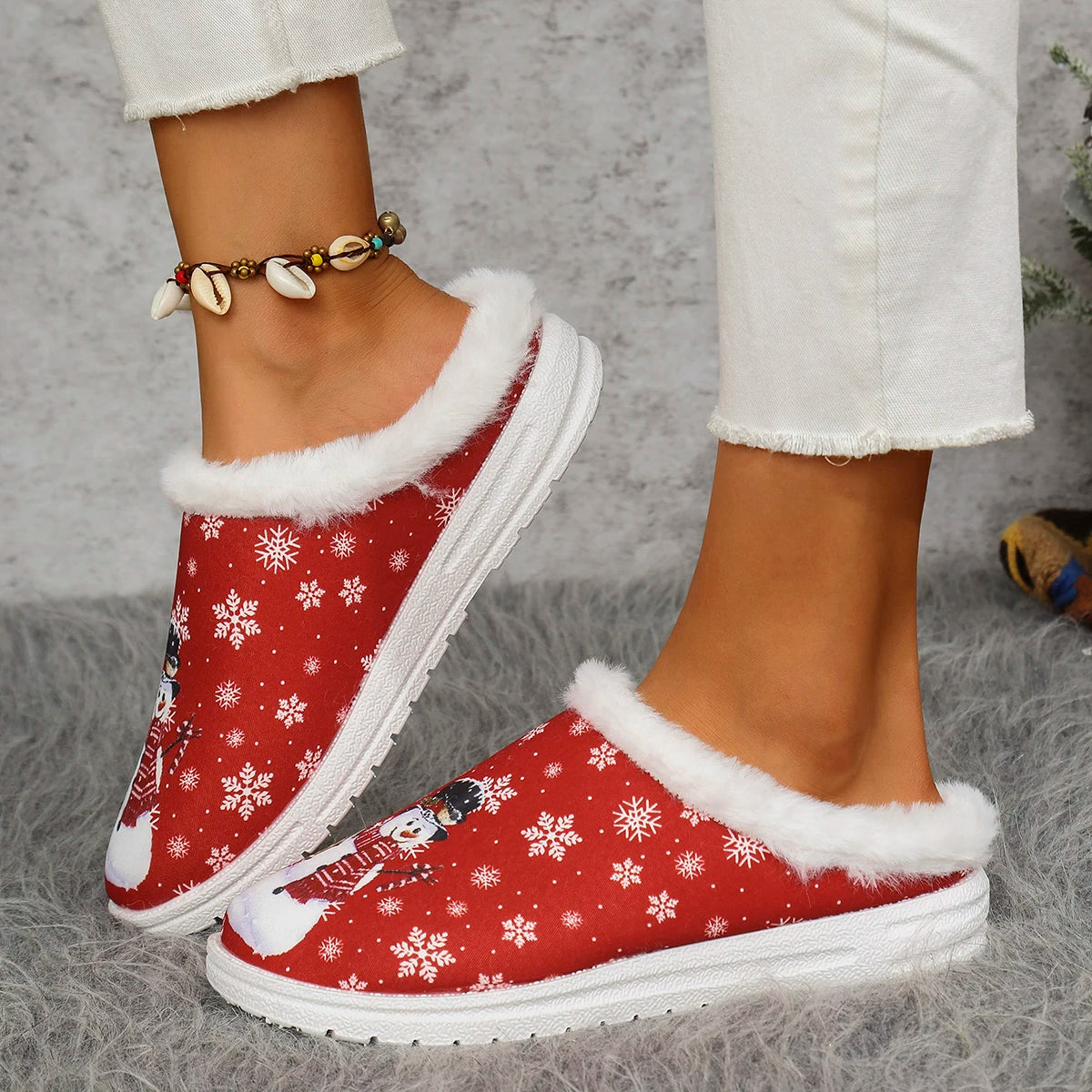Snowman Pattern Women's Slippers Lightweight Anti-Slip Thick Warm Home Fur Slippers Christmas Design Cozy Indoor Footwear