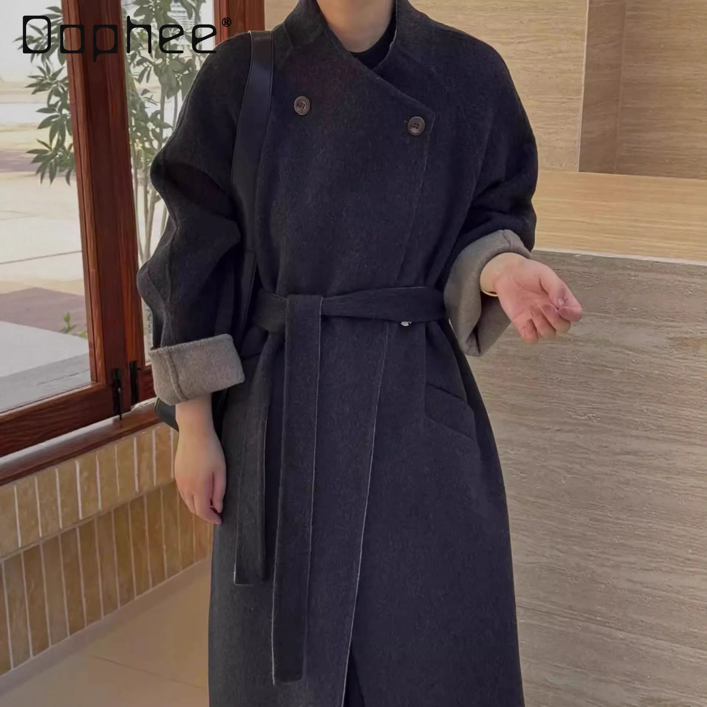 Fashion Elegant Large Lapel Double-Sided Wool Coat for Women Autumn Winter High-End Tie-Up Versatile Loose Slim Woolen Jacket