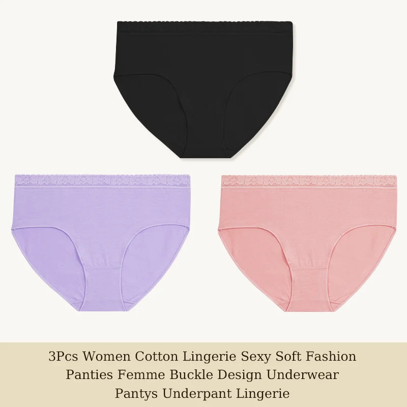 3Pcs Women Cotton Lingerie Sexy Soft Fashion Panties Femme Buckle Design Underwear Pantys Underpant Lingerie Lace Intimates S-XL