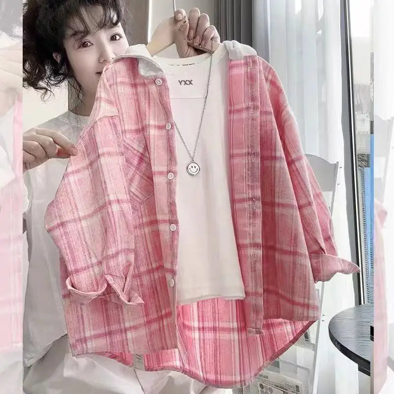 Sweet Students Girls Pink Plaid Shirt Jackets Hooded Coats Single-breasted Loose Oversize Outerwear Harajuku Korean Trendy Tops