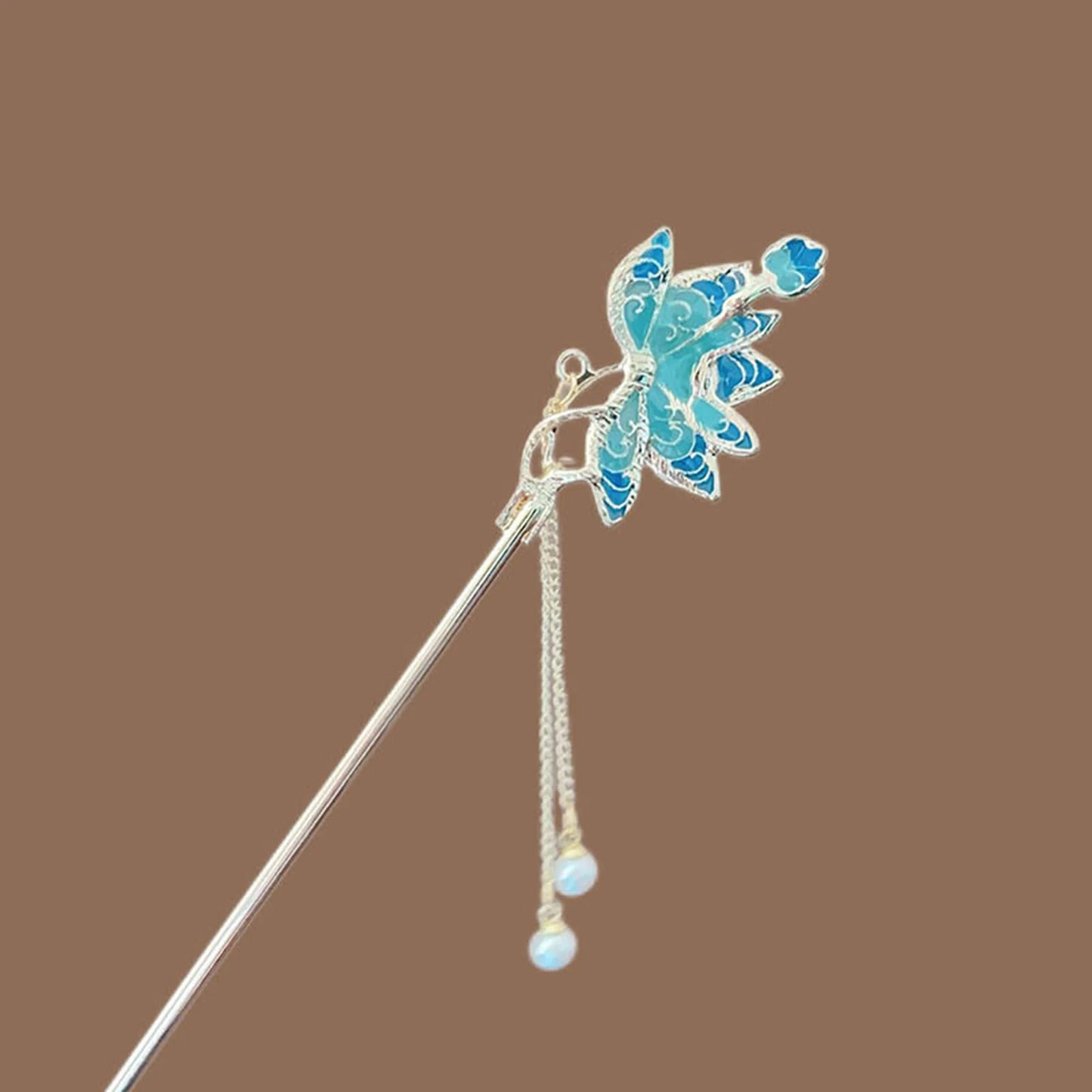 New Chinese Style Alloy Hair Sticks Forks Lotus Flower Decor Pearls Chain Pendant Hairpins Women Girls Hair Bun Maker Jewelry