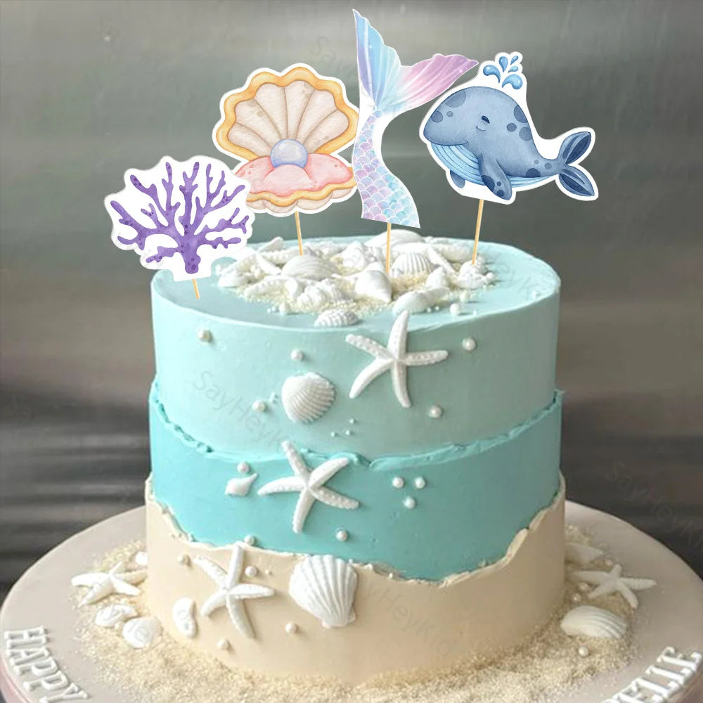 Ocean Cake Decorations Under the Sea Mermaid Cake Toppers Shell Coral Paper Cupcake Topper DIY Birthday Marine Party Cake Suppli