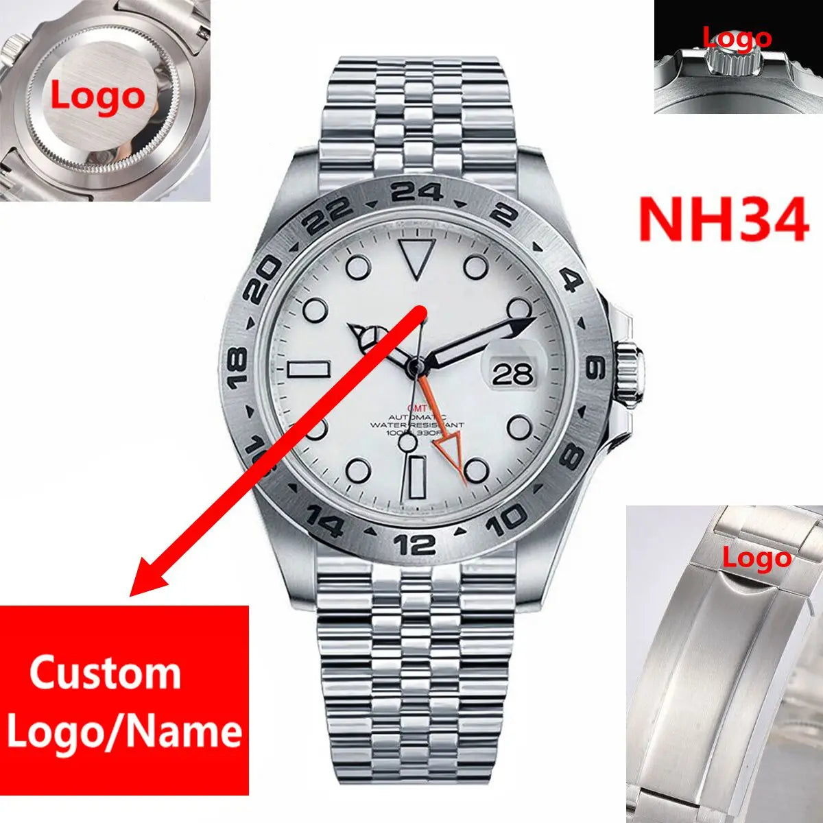 Custom Luxury 39mm NH34 Automatic Mechanical  GMT Watch Full Steel Male Watch Sapphire Luminous Waterproof for Men Reloj Hombre