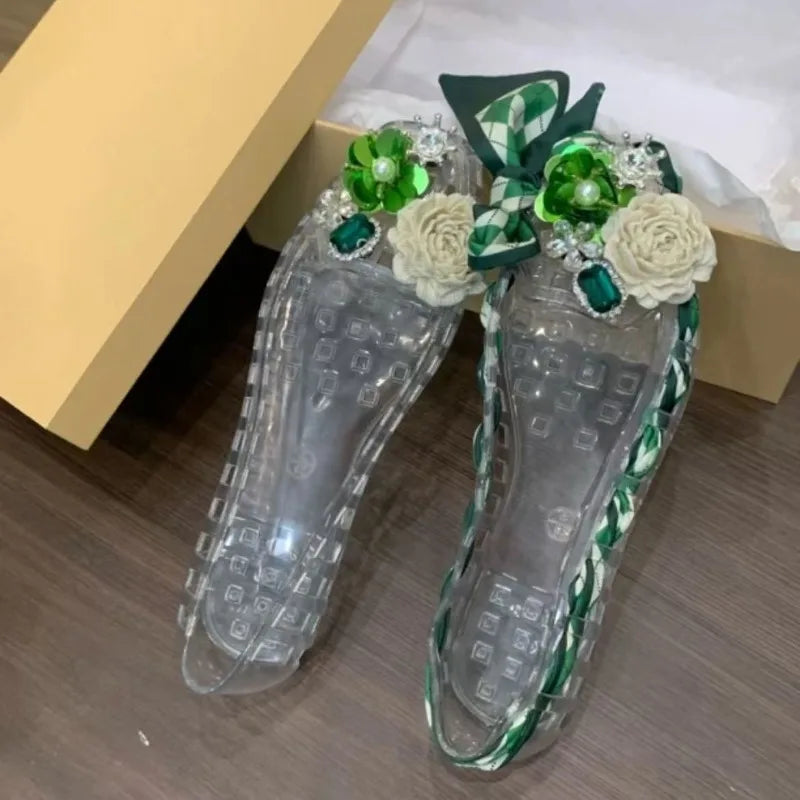 New Style Square-toe Open-toe Sandals with Flat Sole Jelly-style Shoes DlY Shoes Floral Handcrafted Withcrystals and Nettin