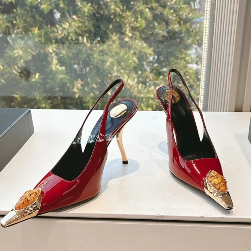 Metal Rhinestone Pointed Toe Women Sandals Gold Strange Heels Stilettos Slingback Sexy Summer Women Shoes Sexy Catwalk Dress