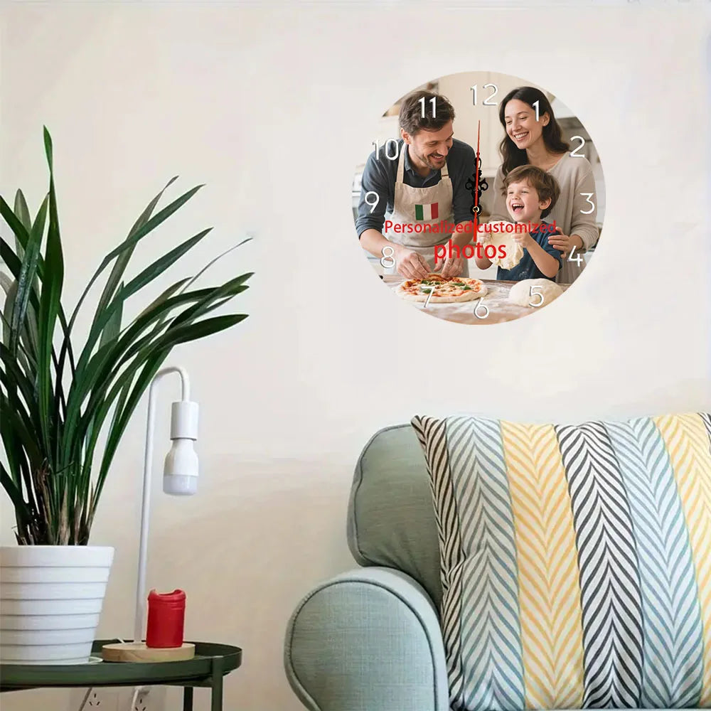 Home Decoration Wooden Personalized Round Clock Wall Clock, (Aa Battery Not Included) 11.8X 11.8inch to Upload Your Photos, Fixed Warm Moments, Quiet Round Wooden Wall Clock, Battery Powered (Battery Not Included)