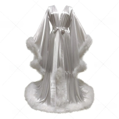 Customized Bathrobe for Women Flare Sleeves Feather Bridal Robe Nightgown Silk Long Wedding Scarf Dress Gown Photography Dress