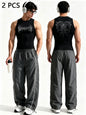 Men Gothic Style 2Pcs Outfit Graphic Sleeveless Tank Top Side Striped Loose Trousers Gym Street Casual Tracksuit