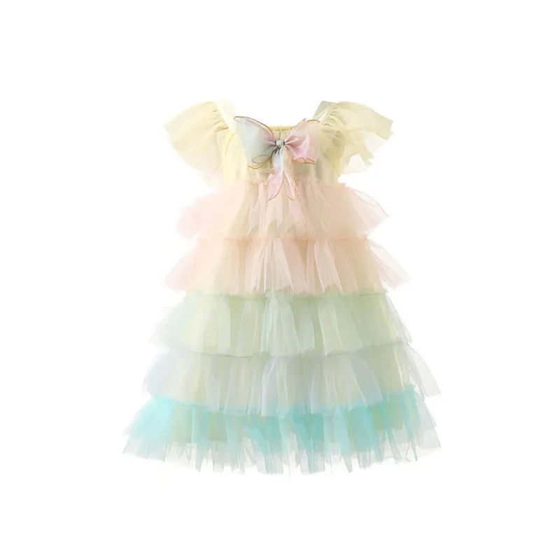 Girls' Dress 2025 Summer Fashion Children's Clothes Princess Rainbow Pink Cake multi-layer Gauze Baby Girl Birthday Party Dress
