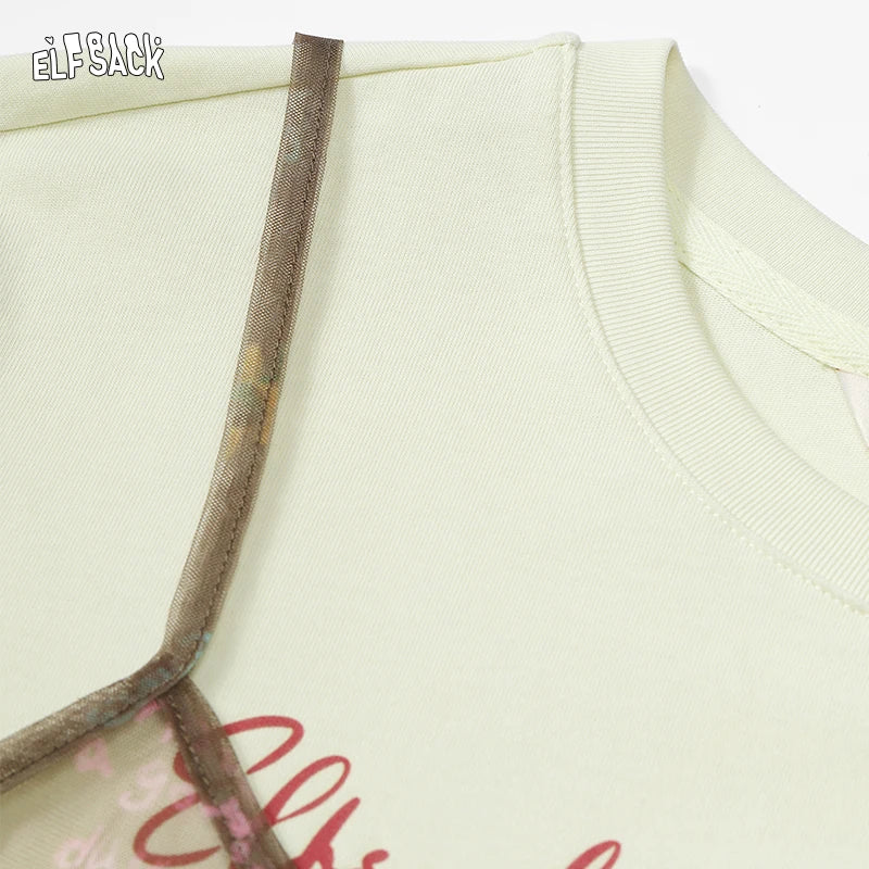 ELFSACK 2025 Summer New Arrival Casual Cute design niche top Mesh halter print short sleeve two-piece t-shirt