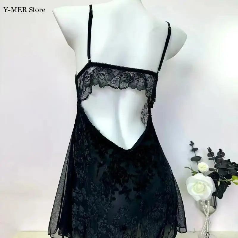 2025 New Balck Lace Patchwork Sling Nightdress Set Women Sexy Mesh Robe Jacquard Flower Home Dressing Gown Women Lingerie