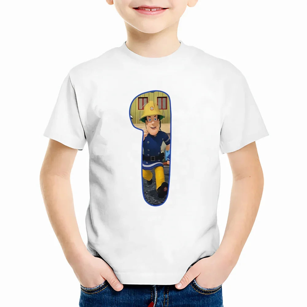 Baby Kids Cartoon Birthday Number 1-9 Print T Shirt Fireman Sam Children T-shirts Boys Girls Funny Gift Summer Clothes,YKP022