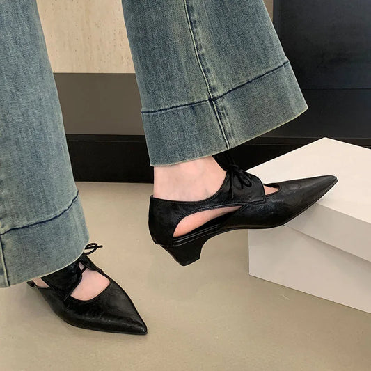 2025 New Fashion Shallow Women Low Heel Shoes Luxury Female Pointed Toe Footwear Butterfly-Knot Ladies Heeled Shoes Pumps