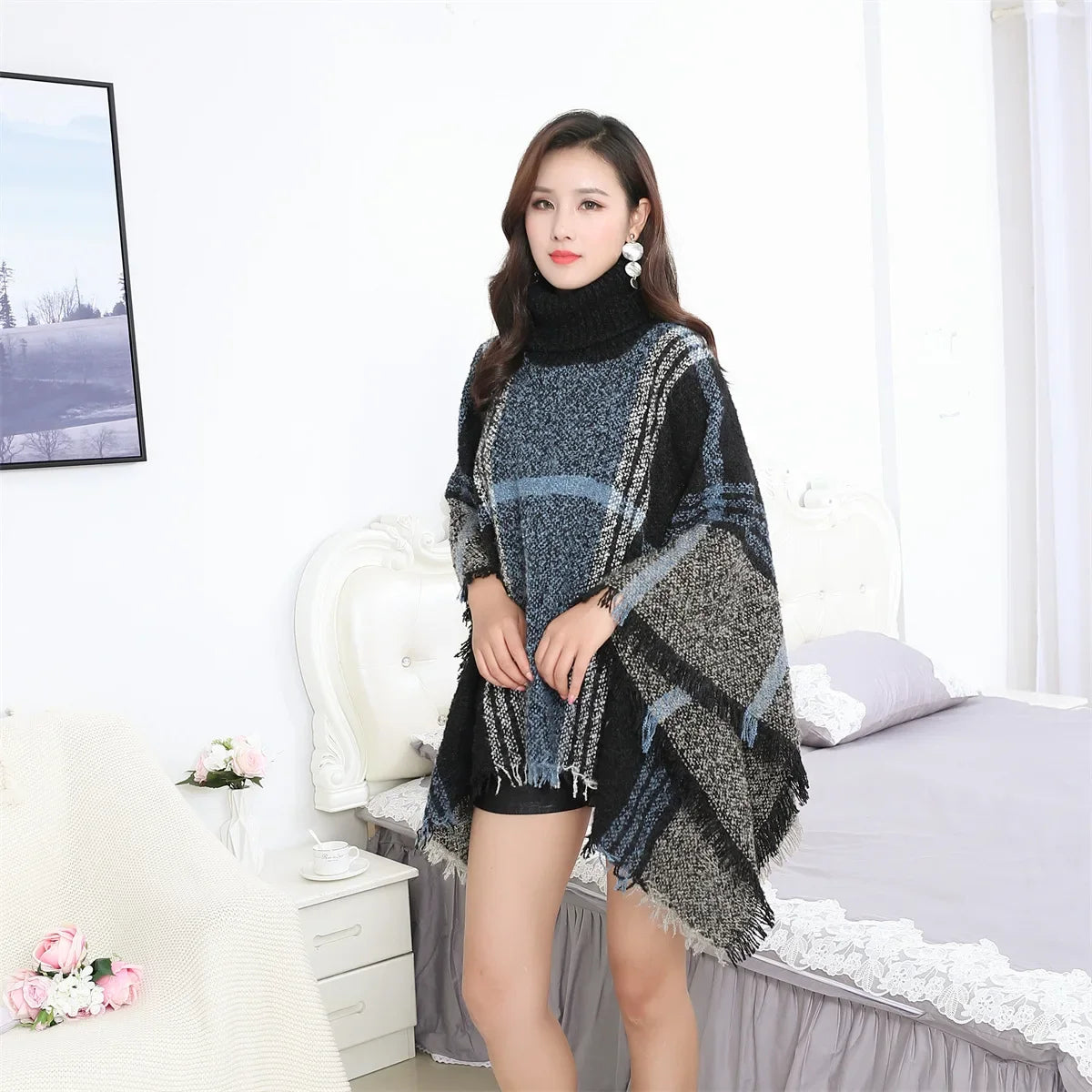 New Women Autumn Winter Striped Knitted Poncho Shawl Sweater Overcoat Streetwear Thick Warm High Neck Loose Knitwear Long Coat