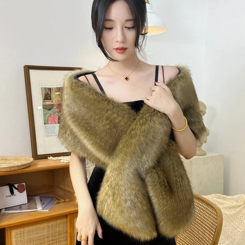 Faux Fur Wedding Shawl Woman Party Bride Cape Cloak Autumn Winter Banquet Stage Dress Scarf Bridal Wrap Bolero Accessory Stock