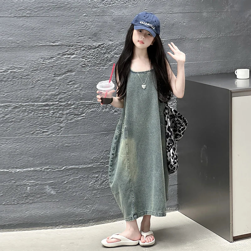 Vintage Blue Children Girls High Quality Sleeveless Denim Dress Streetwear Outfit Fashion Summer Kids Luxury Jeans Clothing