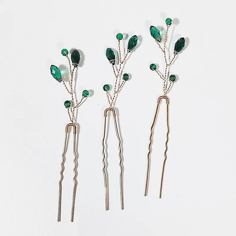 Green Color Rhinestone Hair Combs Bridal Hair Jewelry Leaf Hairpins Pearls Hairpins Bride Wedding Headdress Headband