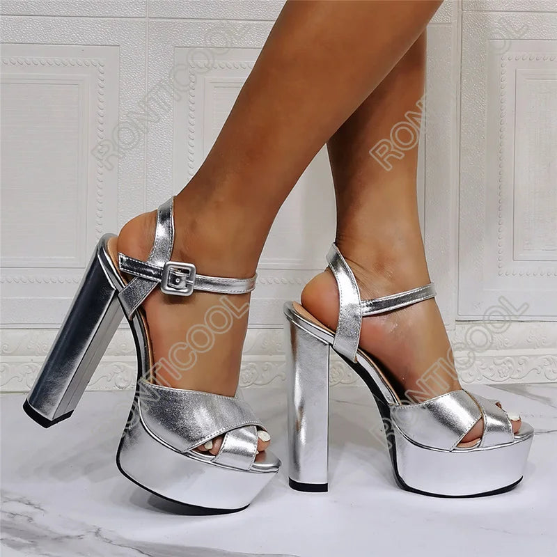 Ronticool Handmade Women Summer Platform Sandals Ankle Strap Block Heel Open Toe Gorgeous Silver Night Club Shoes US Size 5-20